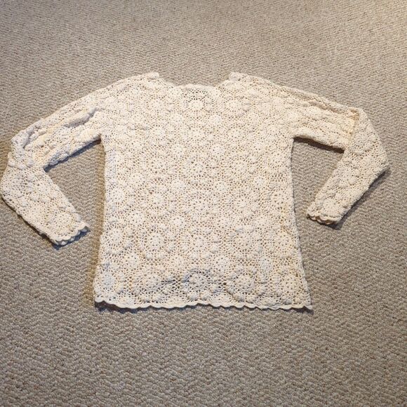 Vintage Esprit Crochet Sweater Medium Cream Open Knit Boho Chic Scalloped Hem - Picture 4 of 6